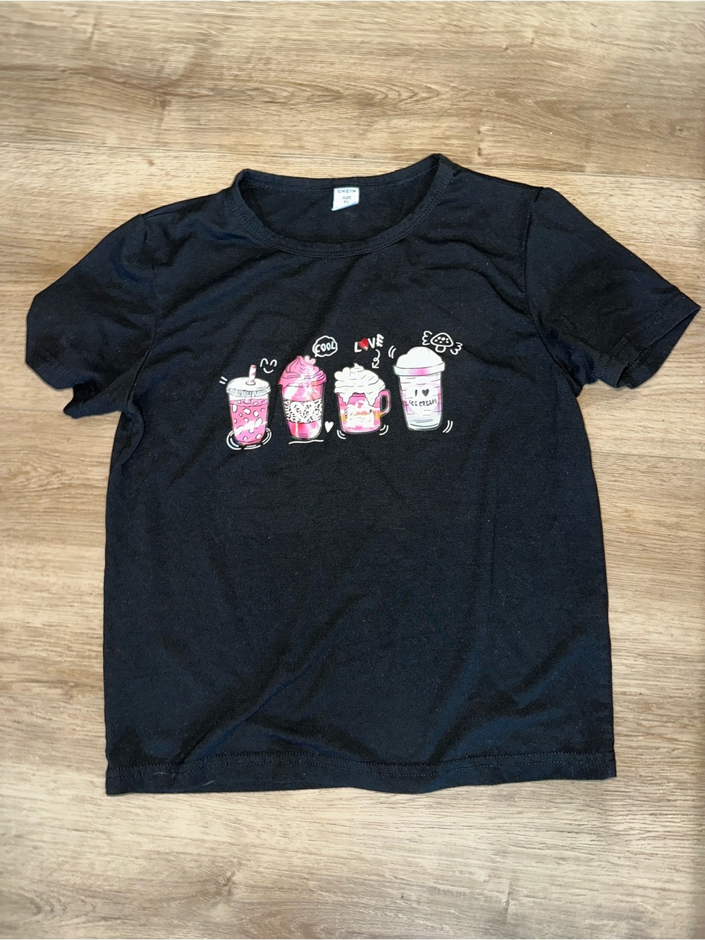 SHEIN Black Kids Tee with Pink Drink Cartoon Graphic